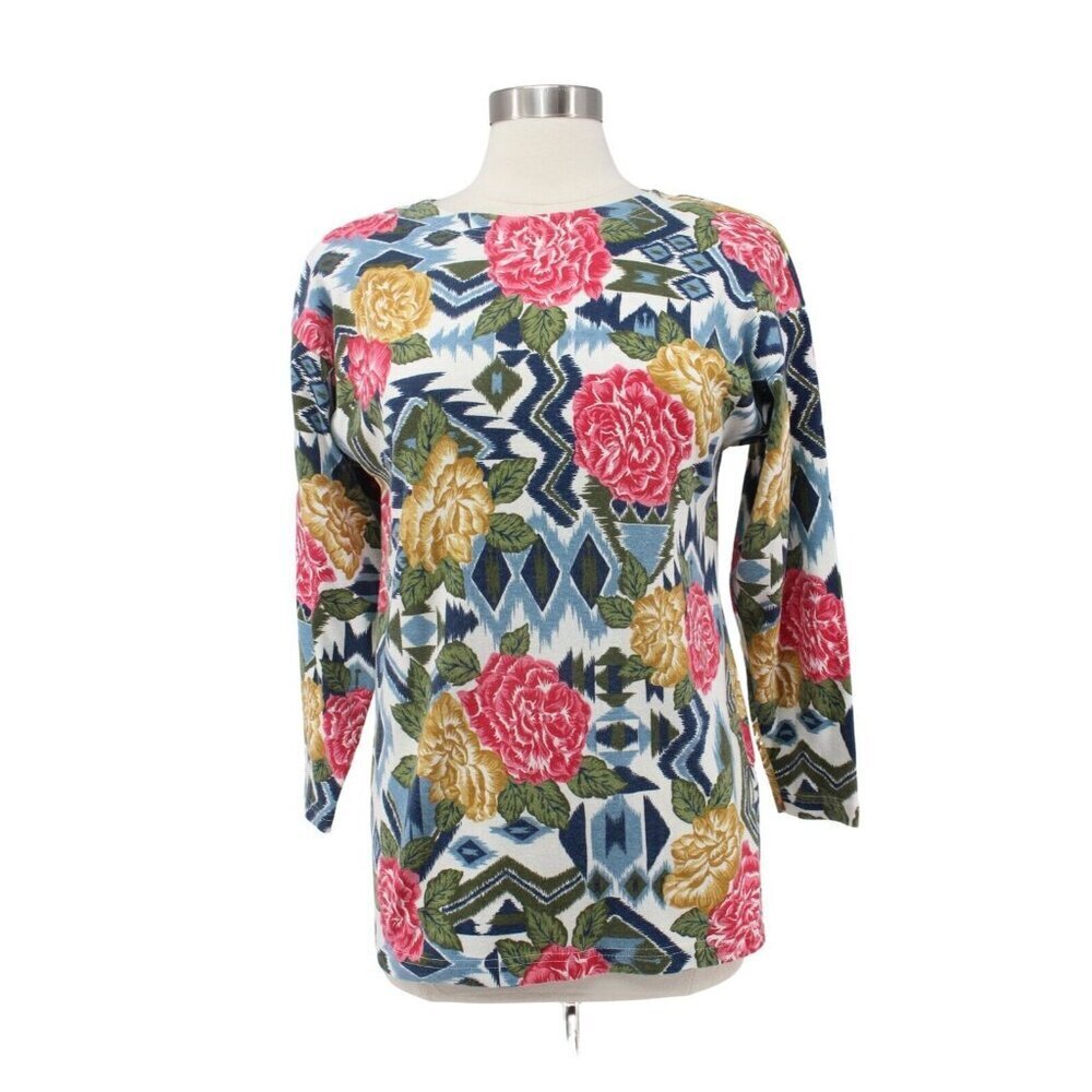 Vintage 80s Forenza Top Size S Pink Green Floral Knit Round Neck Long Sleeve